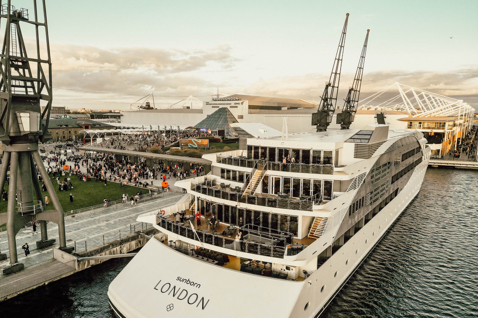 Sunborn London yacht moored in the Royal Docks beside ExCeL at sunset