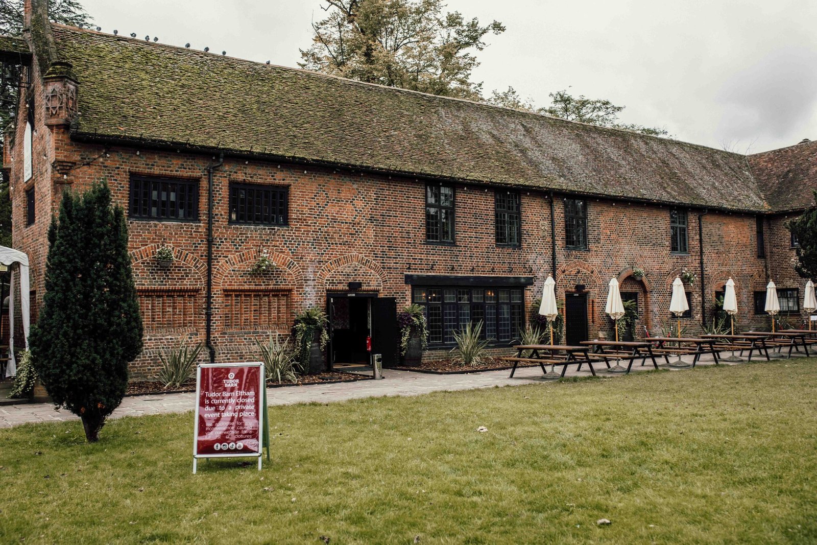 Exterior of Tudor Barn Eltham for Katherine and Nathanaël’s barn wedding