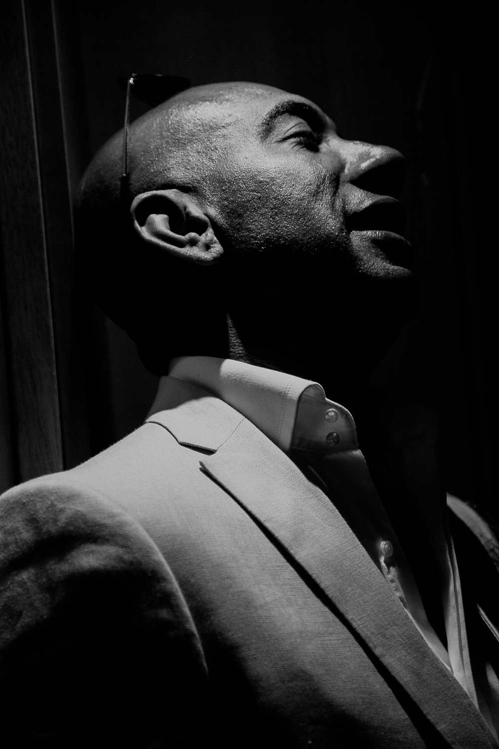 Black and white portrait of Mike before his wedding