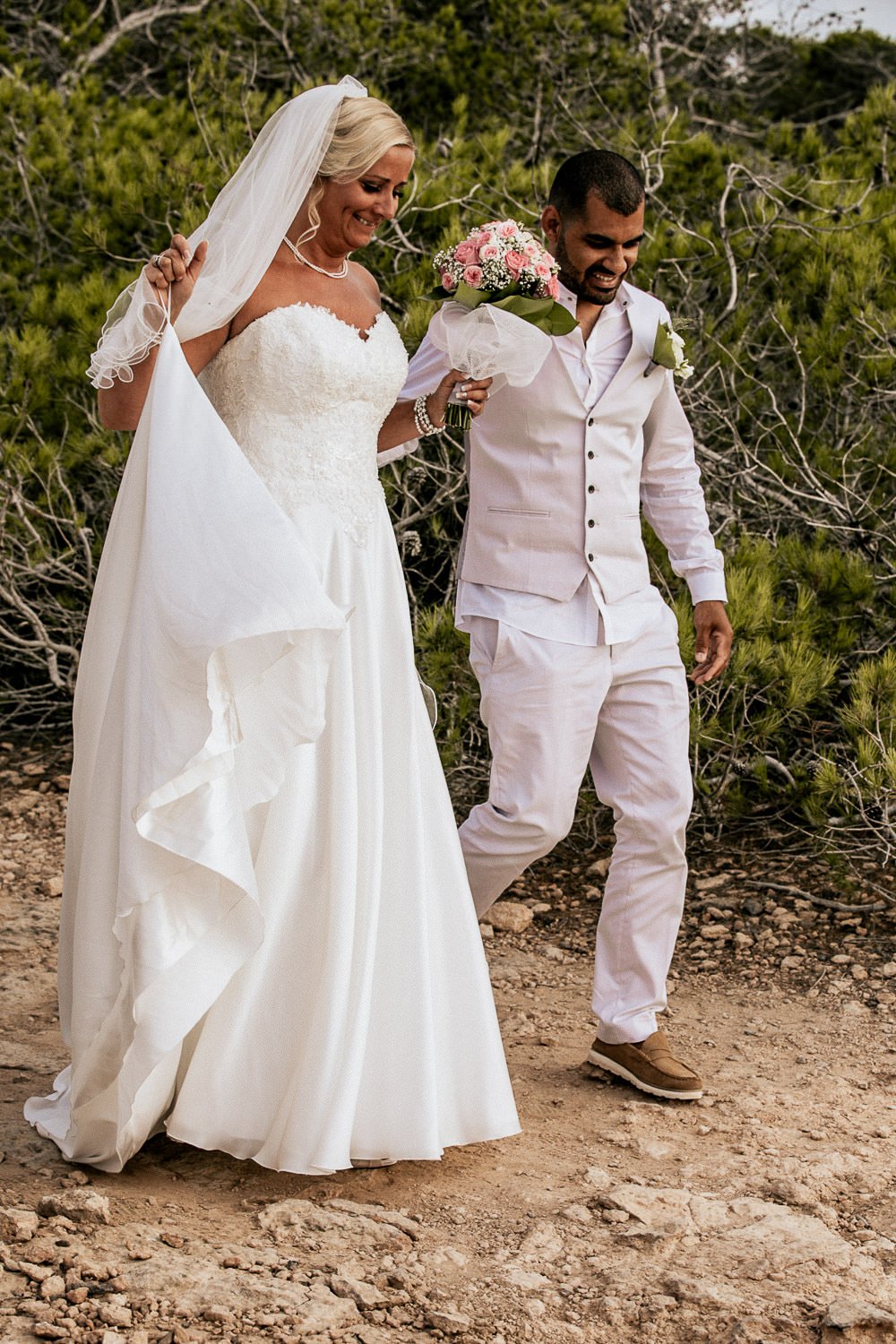 Monica making her entrance with her bouquet
