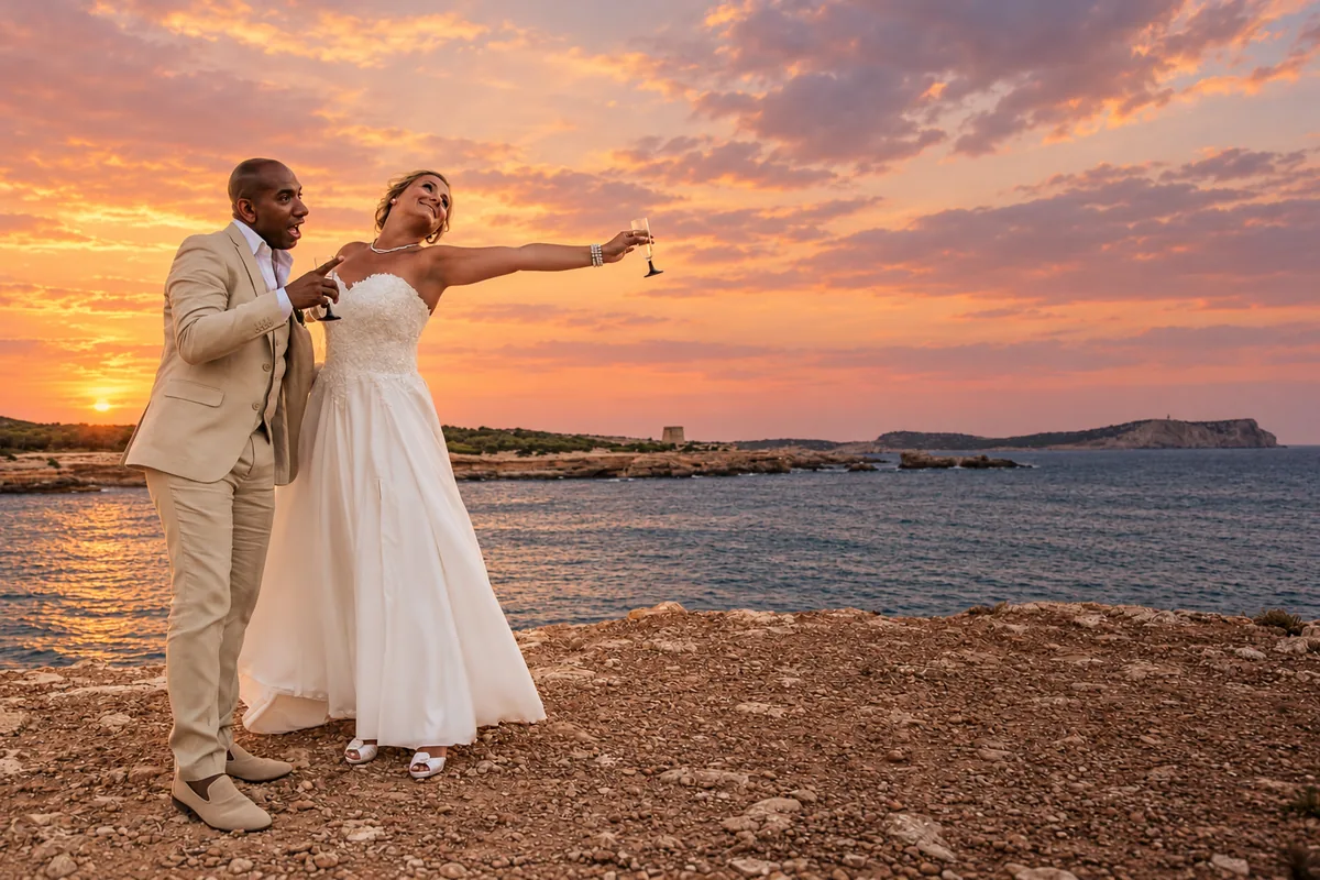 Mike and Monica raising their glasses on the Ibiza coast