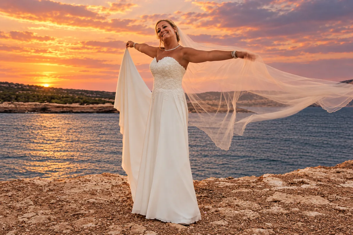 Monica holding her flowing veil above the sea in Ibiza