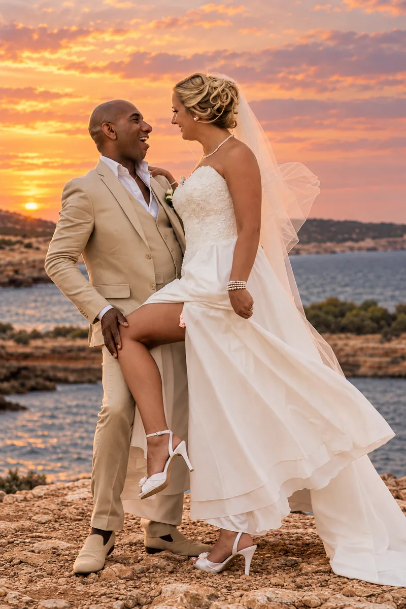 Mike and Monica sharing a joyful wedding portrait beside the sea in Ibiza