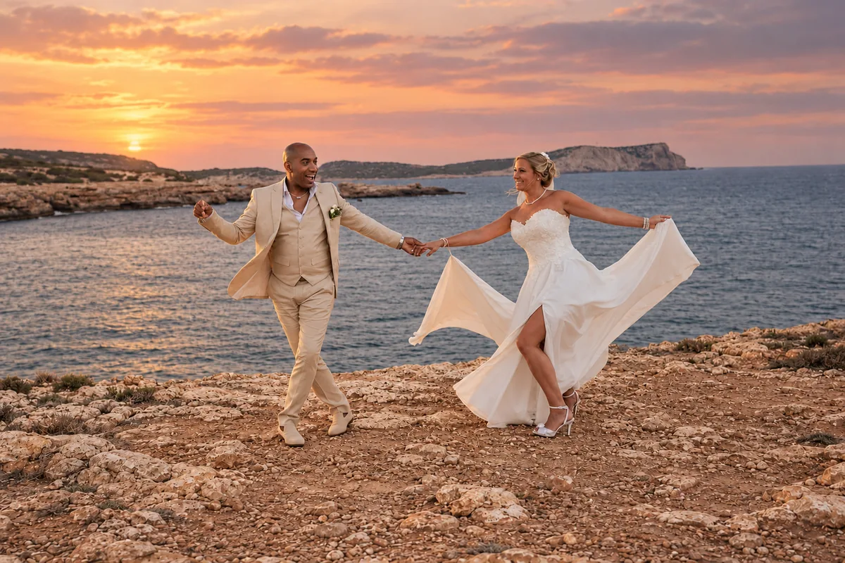 Mike and Monica walking hand in hand on the rocky Ibiza coastline